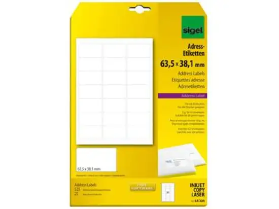 Adressetiketten Sigel LA320 63,5 x 38,1 mm weiß abgerundete Ecken, Pack 525 Stk