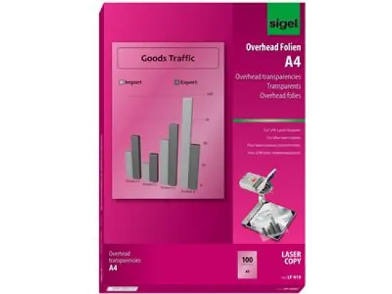 Folie Sigel LF419 S/W A4 transparent stapelverarbeitbar 100µm, Laser, Pack 100 Blatt