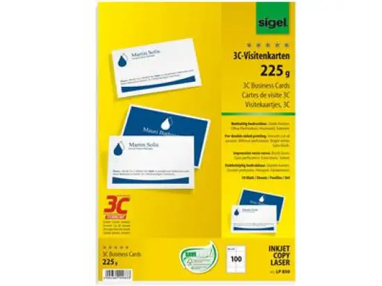 Visitenkarten Sigel LP850 85x55mm A4 225g 3C beidseitig bedruckbar, Pack 100 Stk