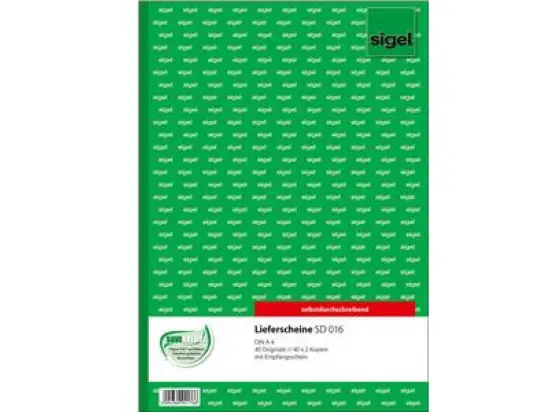 Lieferschein Sigel SD016 A4, 3 x 40 Blatt, selbstdurchschreibend SD, mit Empfangsschein, Pack 5 Stk