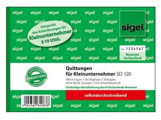 Quittung Sigel SD120 Kleinunternehmer A6 ohne MwSt.-Ausweis 2 x 30 Blatt selbstdurchschreibend SD, Pack 5 Stk