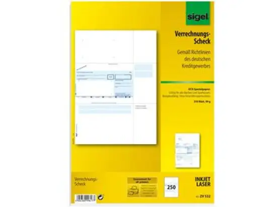 Verrechnungsscheck Sigel ZV532 PC/A4 90g für alle Banken und Sparkassen, Pack 250 Blatt