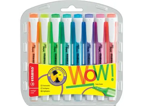 Textmarker Stabilo 275/8-3 swing cool 1-4mm, Keilspitze, 8er-Etui, gelb, blau, grün, rot, türkis, orange, lavendel, pink, Pack 5 Stk