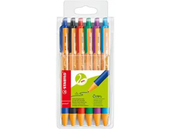 Kugelschreiber Stabilo 6030/6 pointball 0,5mm, Wechselmine, Druckmechanik, 6er-Etui, grün, rot, blau, schwarz, türkis, lila