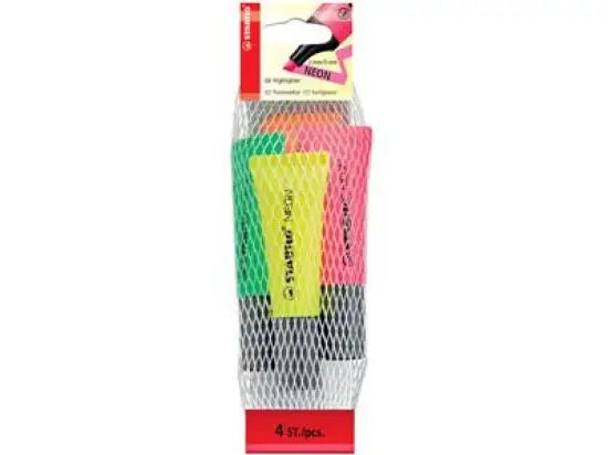 Textmarker Stabilo 72/4-1-5 Neon 2-5mm, Keilspitze, farbig sortiert, gelb, orange, pink, grün, Pack 4 Stk