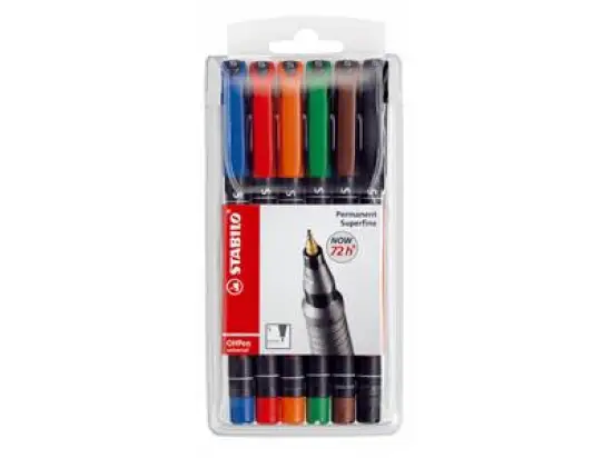 Folienschreiber Stabilo 841/6 OHPen universal 6er-Etui permanent, farbig sortiert, Schreibfarben: je 1x blau, rot, grün, schwarz, orange, braun, Pack 5 Stk
