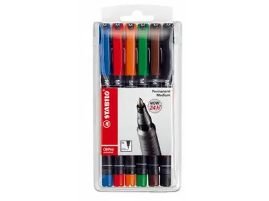 Folienschreiber Stabilo 843/6 OHPen universal permanent 6er-Etui, farbig sortiert, Schreibfarben: je 1x blau, rot, grün, schwarz, orange, braun