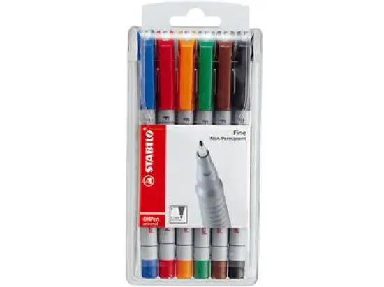 Folienschreiber Stabilo 852/6 OHPen universal 6er-Etui wasserlöslich, Schreibfarben: je 1x blau, rot, grün, schwarz, orange, braun
