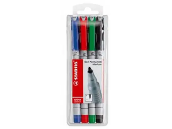 Folienschreiber Stabilo 853/4 OHPen universal 4 Stück wasserlöslich, Strichstärke: 1,0mm, farbig sortiert, Schreibfarben: je 1x blau, rot, grün, schwarz