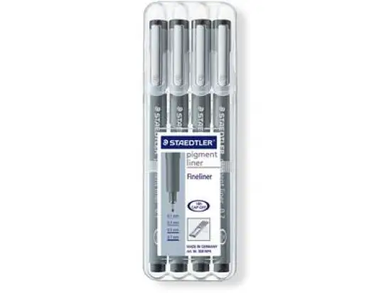 Fineliner Staedtler 308WP4 308 WP4 pigment liner schwarz 4er-Etui Strichbreiten 0,1/0,3/0,5/0,7mm, Pack 10 Stk