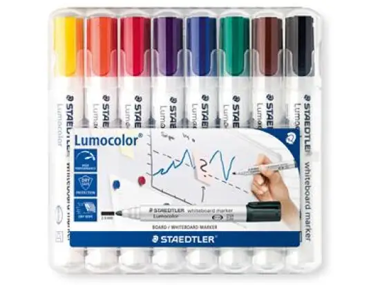 Whiteboardmarker Staedtler 351WP8 351 WP8 Lumocolor 2mm, Rundspitze, 8er-Box, gelb, orange, rot, violett, blau, grün, braun, schwarz