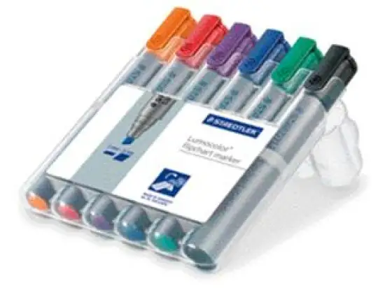 Flipchartmarker Staedtler 356BWP6 356 B WP6 Lumocolor 2-5mm, Keilspitze, 6er-Box, rot, blau, orange, grün, violett, schwarz