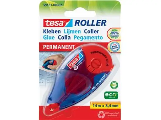 Kleberoller Tesa 59151-00002 Roller ecoLogo permanent nachfüllbar 8,4mmx14m, Pack 5 Stk