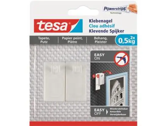 Klebenagel Tesa 77772-00000-00 Powerstrips bis 0,5 kg weiß Tapete & Putz, Pack 2 Stk