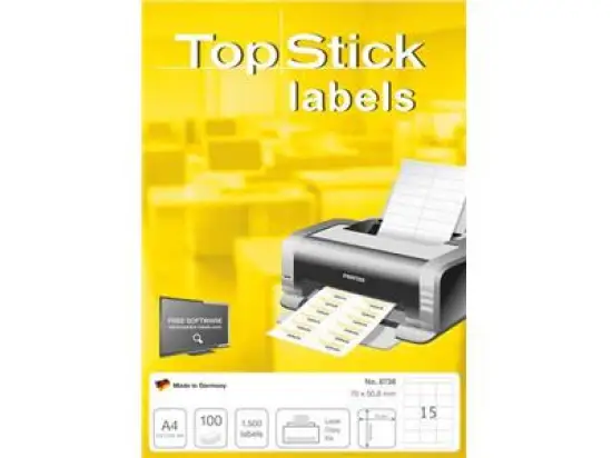 Etiketten Topstick 8738 70 x 50,8 mm weiß, Inkjet Laser Kopierer, Pack 10 x 1500 Stk/100 Blatt