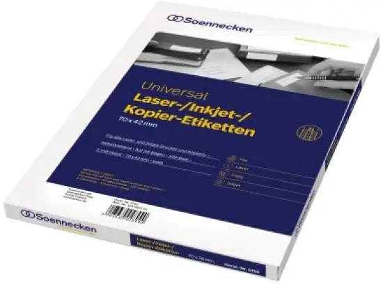 Etiketten Soennecken 129090301 5761 70 x 42 mm weiß, Inkjet Laser Kopierer, Pack 2100 Stk/100 Blatt