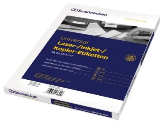 Etiketten Soennecken 129231001 5757 48,5 x 25,4 mm weiß, Inkjet Laser Kopierer, Pack 4000 Stk/100 Blatt