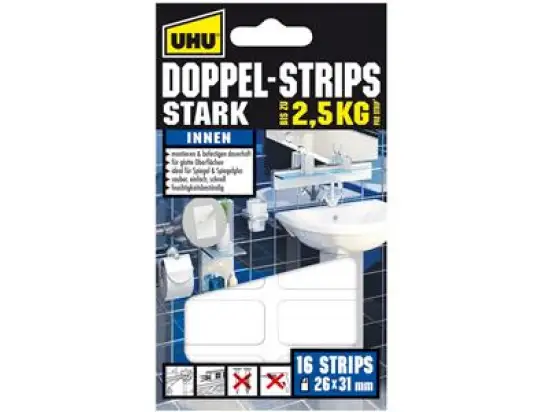 Klebestrips UHU 45380 Doppel-Strips Stark doppelseitig 26x31mm stark, Pack 6 x 16 Stk