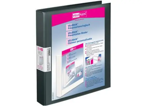 Präsentationsringbuch Veloflex 1143180 Velodur A4, 2 Ringe Ø 25 mm, Pappe/PP-Folie, D-Ring-Mechanik, 2 Außentaschen, schwarz
