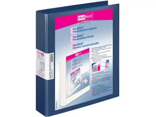 Präsentationsringbuch Veloflex 4148150 Velodur A4, 4 Ringe Ø 30 mm, Pappe/PP-Folie, D-Ring-Mechanik, 2 Außentaschen, blau
