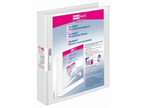 Präsentationsringbuch Veloflex 4148190 Velodur A4, 4 Ringe Ø 30 mm, Pappe/PP-Folie, D-Ring-Mechanik, 2 Außentaschen, weiß