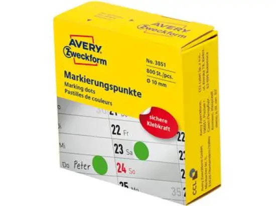 Markierungspunkte Avery Zweckform 3851 Ø 10mm permanent grün, Pack 10 x Rolle je 800 Stk