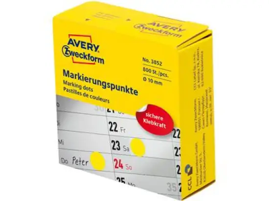 Markierungspunkte Avery Zweckform 3852 Ø 10mm permanent gelb, Pack Rolle 800 Stk