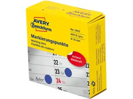 Markierungspunkte Avery Zweckform 3853 Ø 10mm permanent blau, Pack 10 x Rolle je 800 Stk
