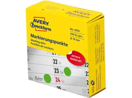 Markierungspunkte Avery Zweckform 3855 Ø 19mm permanent grün, Rolle 250 Stk