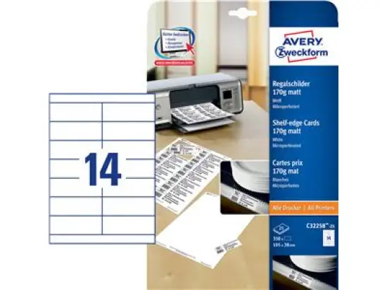 Regalschilder Avery Zweckform C32258-25 105x38mm MP weiß blanko, 2-seitig bedruckbar, Inkjet Laser Kopierer, Pack 350 Karten/25 Blatt
