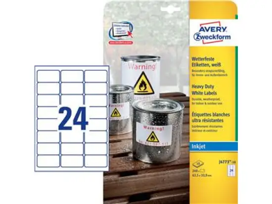 Etiketten Avery Zweckform J4773-10 63,5 x 33,9 mm weiß selbstklebend wetterfest, Inkjet, Pack 240 Stk/10 Blatt