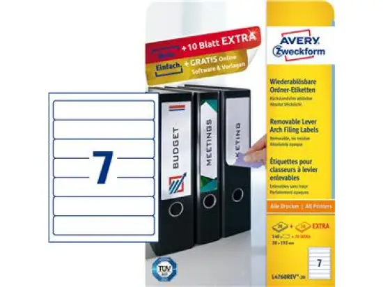 Ordner-Rückenschild Etiketten Avery Zweckform L4760REV-20 weiß 38 x 192 mm selbstklebend, wiederablösbar, Pack 210 Stk/30 Blatt
