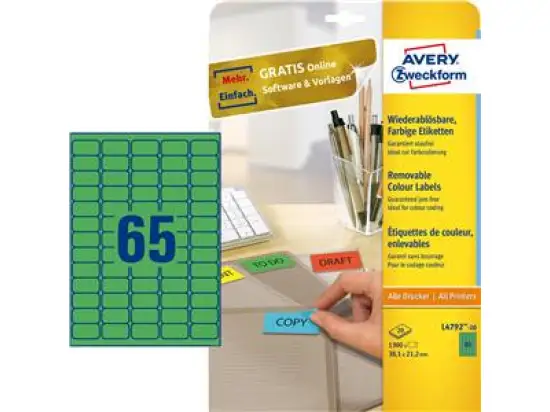 Etiketten Avery Zweckform L4792-20 38,1 x 21,2 mm grün wiederablösbar, Inkjet Laser Kopierer, Pack 1300 Stk/20 Blatt