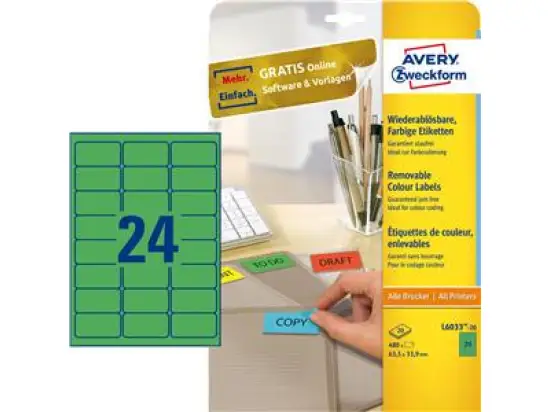 Etiketten Avery Zweckform L6033-20 63,5 x 33,9 mm grün wiederablösbar, Inkjet Laser Kopierer, Pack 480 Stk/20 Blatt