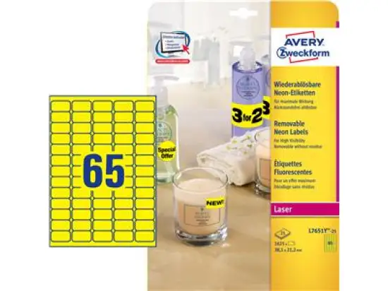 Etiketten Avery Zweckform L7651Y-25 Mini 38,1x21,2mm neongelb selbstklebend, wiederablösbar, Laser, Pack 1625 Stk/25 Blatt
