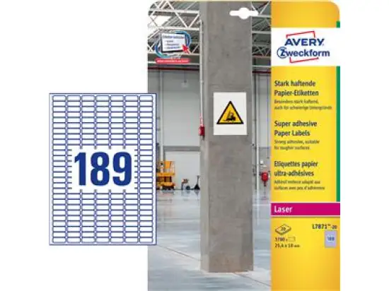 Etiketten Avery Zweckform L7871-20 25,4 x 10 mm weiß stark haftend, Inkjet Laser Kopierer, Pack 3780 Stk/20 Blatt