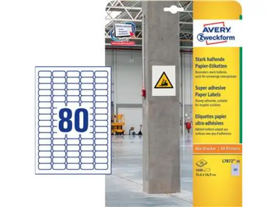 Etiketten Avery Zweckform L7872-20 35,6 x 16,9 mm stark haftend, Inkjet Laser Kopierer, Pack 1600 Stk/20 Blatt