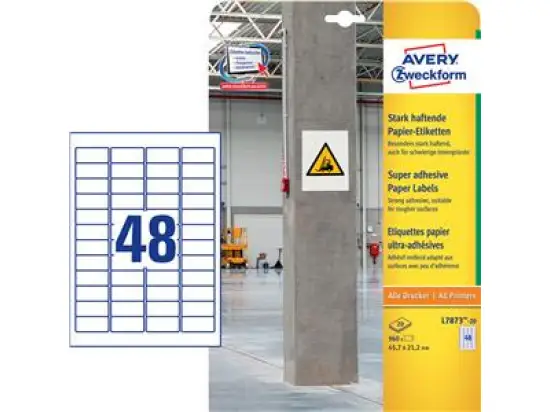 Etiketten Avery Zweckform L7873-20 45,7 x 21,2 mm weiß stark haftend, Inkjet Laser Kopierer, Pack 960 Stk/20 Blatt