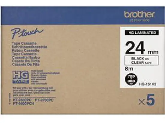 Schriftband-Kassette Brother HGe-151V5 Multipack schwarz auf transparent 24mm/8m laminiert, Pack 5 Stk
