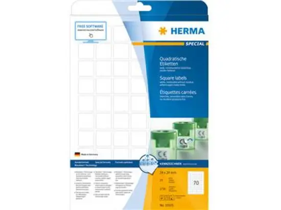 Etiketten Herma 10105 Special 24x24mm quadratisch, weiß, selbstklebend, wiederablösbar, Inkjet Laser Kopierer, Pack 1750 Stk/25 Blatt