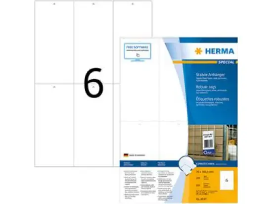 Hängeetiketten Herma 8047 Special 70x148,5mm weiß mit vorgestanzter Lochung, Inkjet Laser Kopierer, Pack 600 Stk/100 Blatt