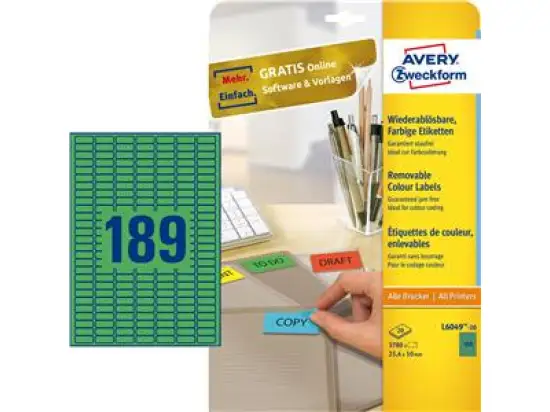Etiketten Avery Zweckform L6049-20 25,4 x 10 mm grün selbstklebend, wiederablösbar, Inkjet Laser Kopierer, Pack 3780 Stk/20 Blatt