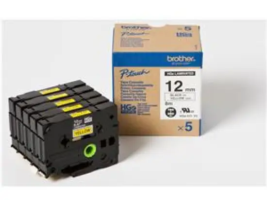 Schriftband-Kassette Brother HGe-631V5 Multipack schwarz auf gelb 12mm/8m laminiert Multipack, Pack 5 Stk