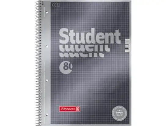 Collegeblock Brunnen 10-67128 1067128 Student Premium A4, kariert, Lineatur 28, 80 Blatt, anthrazit-metallic, 2 Randlinien, Pack 5 Stk