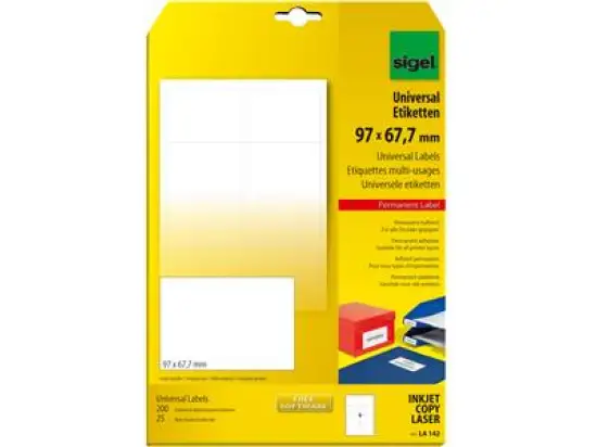 Etiketten Sigel LA142 97 x 67,7 mm weiß, Inkjet Laser Kopierer, Pack 200 Stk/25 Blatt