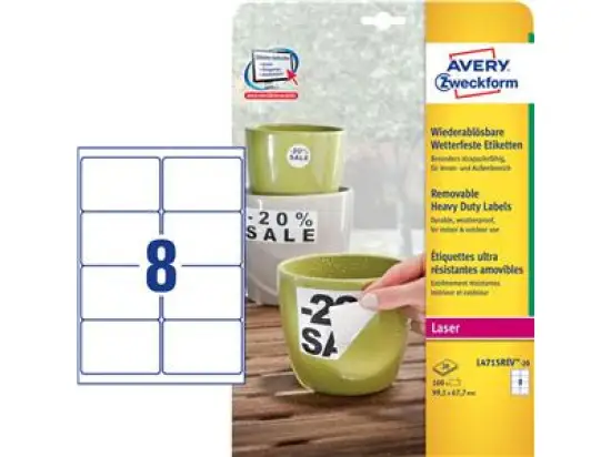 Etiketten Avery Zweckform L4715REV-20 99,1 x 67,7 mm weiß, selbstklebend, wiederablösbar, Laser, Pack 160 Stk/20 Blatt