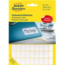 Vielzweck-Etiketten Avery Zweckform 3312 18 x 12 mm, weiß, selbstklebend, Handbeschriftung, Pack 1800 Stk/25 Blatt