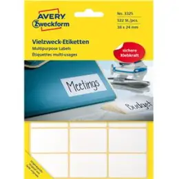 Vielzweck-Etiketten Avery Zweckform 3325 38 x 24 mm, weiß, selbstklebend, Handbeschriftung, Pack 522 Stk/29 Blatt
