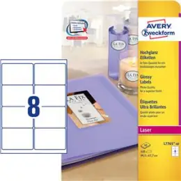 Etiketten Avery Zweckform L7765-40 99,1 x 67,7 mm weiß, hochglanz, selbstklebend, Laser, Pack 320 Stk/40 Blatt