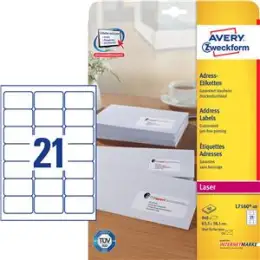 Adressetiketten Avery Zweckform L7160-40 63,5 x 38,1 mm weiß, selbstklebend, Laser, Pack 840 Stk/40 Blatt